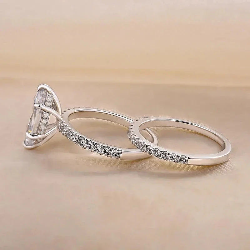 CAOSHI 2Pcs/Set Luxury Wedding Rings for Women Bright Marquise Zirconia Finger Jewelry Gorgeous Fashion Silver Color Accessories