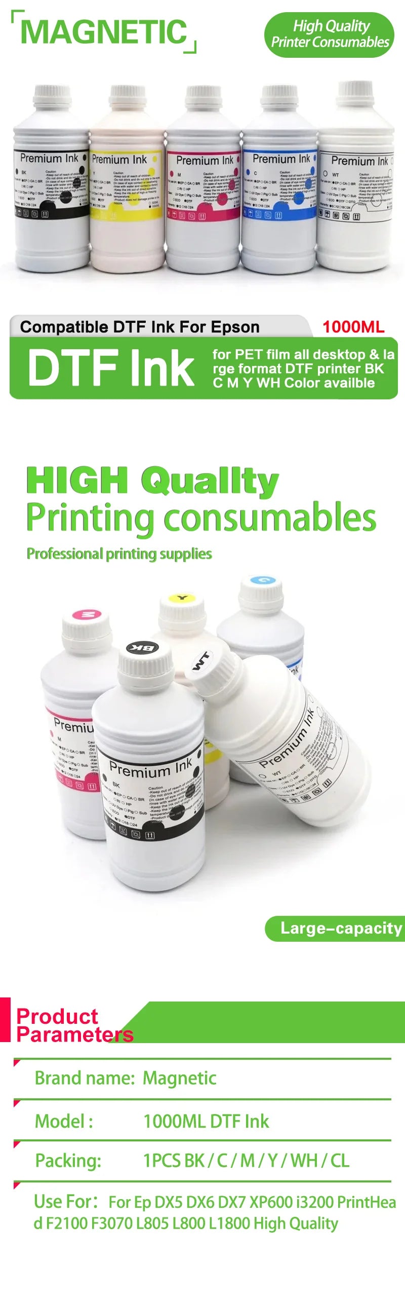 5 Bottle 1000ML DTF ink for direct transfer film for PET film all desktop & large format DTF printer BK C M Y WH Color availble