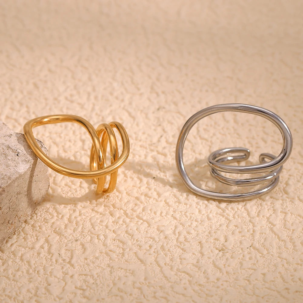 E.B.belle Fashion Distorted Geometric Lines Ring Gold/Silver Color Women Rings Stainless Steel 18K Gold Plated Hypollergenic