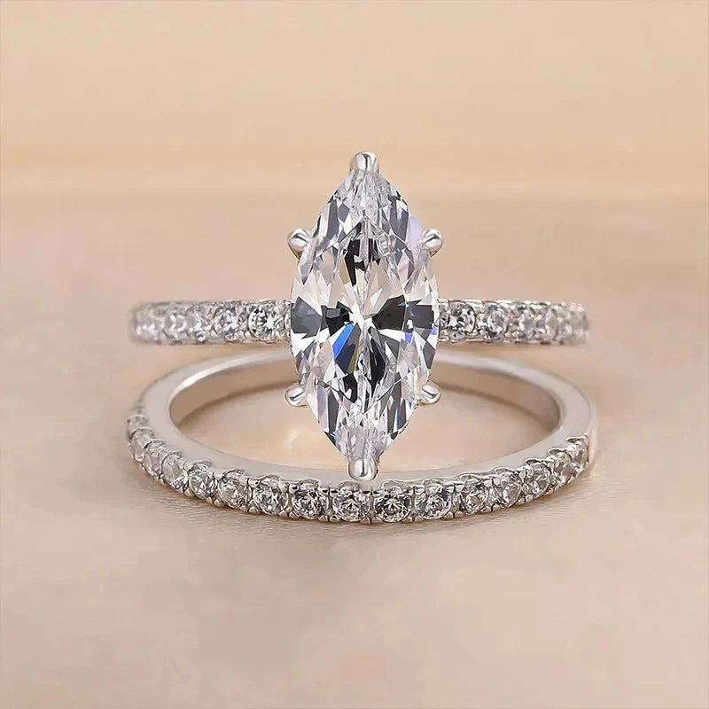 CAOSHI 2Pcs/Set Luxury Wedding Rings for Women Bright Marquise Zirconia Finger Jewelry Gorgeous Fashion Silver Color Accessories