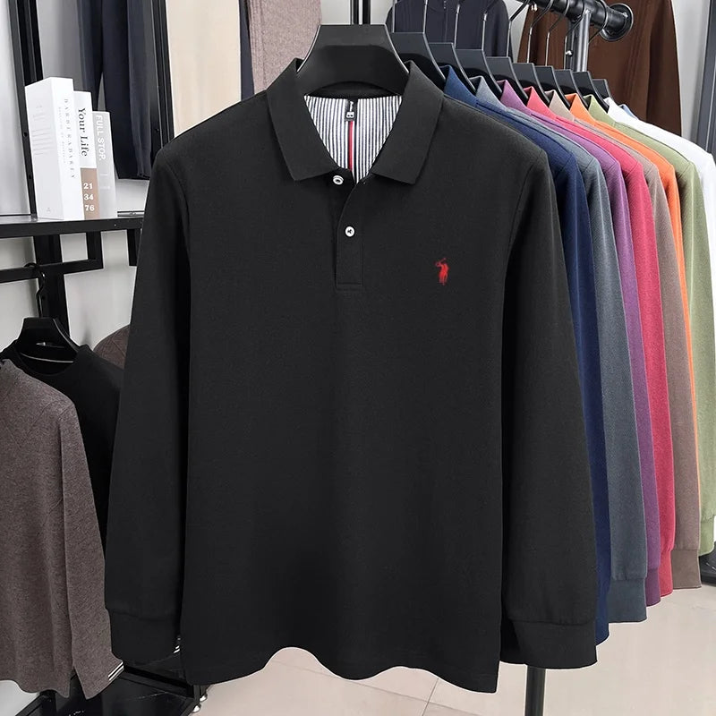 100% pure cotton autumn and winter men's fashion sports brand embroidered pony long sleeved POLO shirt business casual T-shirt