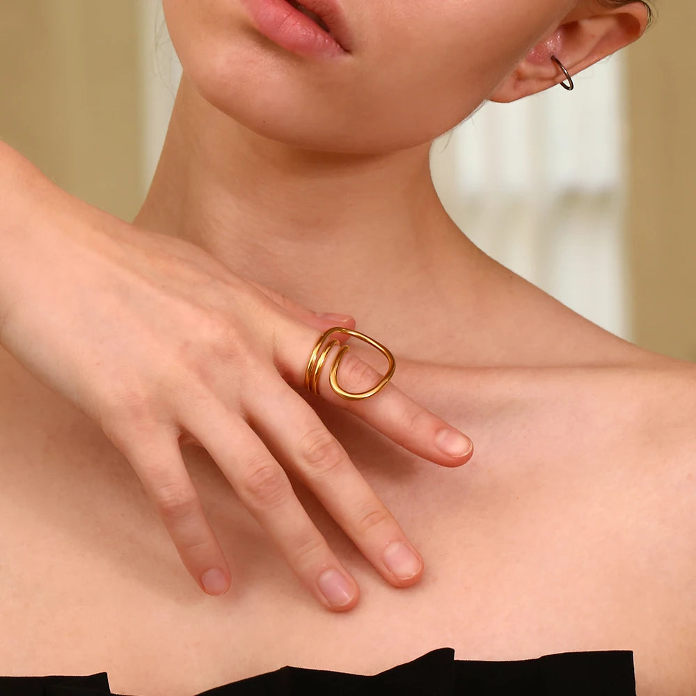 E.B.belle Fashion Distorted Geometric Lines Ring Gold/Silver Color Women Rings Stainless Steel 18K Gold Plated Hypollergenic