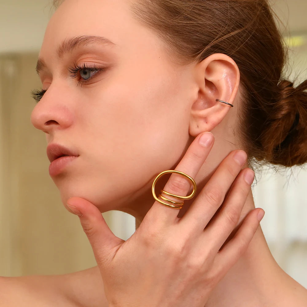 E.B.belle Fashion Distorted Geometric Lines Ring Gold/Silver Color Women Rings Stainless Steel 18K Gold Plated Hypollergenic