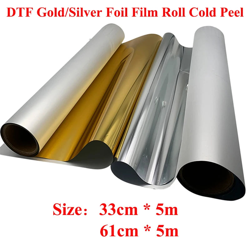 33cm/61cm*5m Gold/Silver DTF Foil Film Roll Cold Peel for T-shirt Heat Press Direct to Film Transfer Printing for DTF White Ink